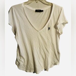 Ralph Lauren Women's White V-Neck Tee Polo T shirt size medium scoop hemline
